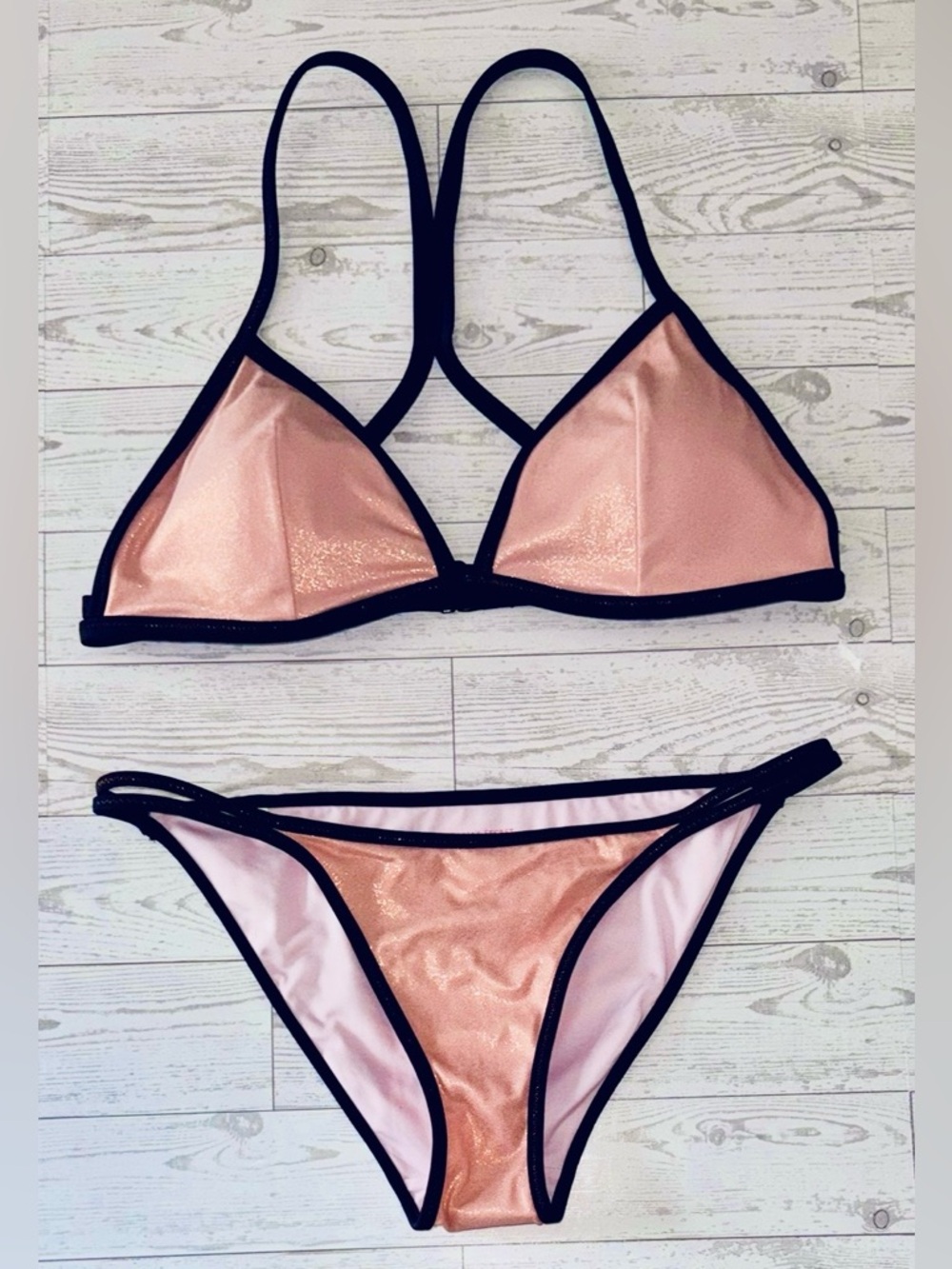 ✨ Shimmery Light Coral Bikini with Black Trim - Picture 4 of 15